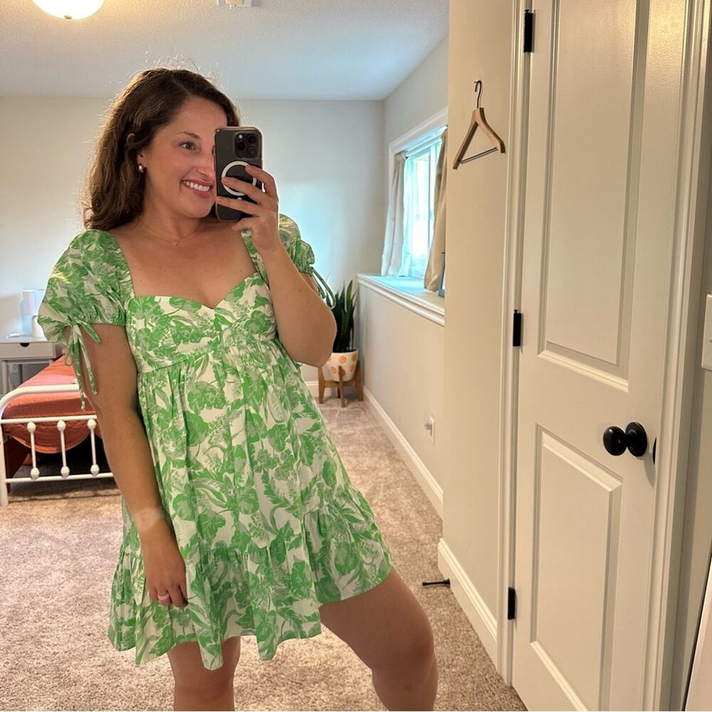 Tuckernuck Mason Baker Green White Floral Cotton Puff Sleeve Sexy Mini Dress M - Picture 4 of 14